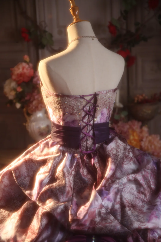 Purple Vintage Floral Strapless Waist-Cinched Puff-Skirt Ball Gown & Bridal Gown R7367