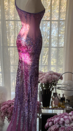 Purple one-shoulder sexy fitted waist bodycon long ball gown R7721