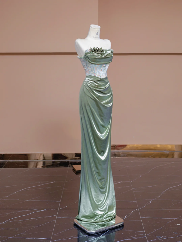 Olive green strapless waist-cinching sexy long ball gown R8334
