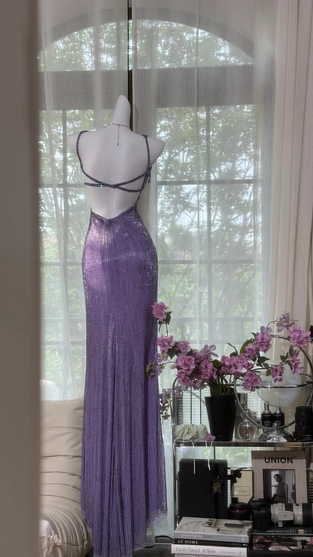 Purple halter-neck, fitted waist, backless, sexy bodycon long ball gown R7601