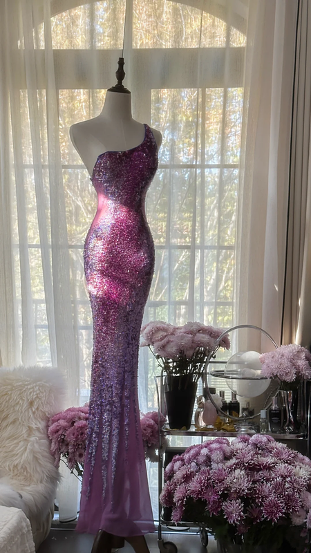 Purple one-shoulder sexy fitted waist bodycon long ball gown R7721