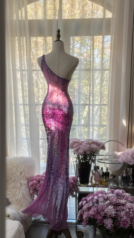 Purple one-shoulder sexy fitted waist bodycon long ball gown R7721