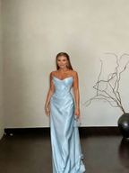 Gorgeous Strapless Blue Satin Appliques Mermaid Long Party Dress Prom Gowns SP1562