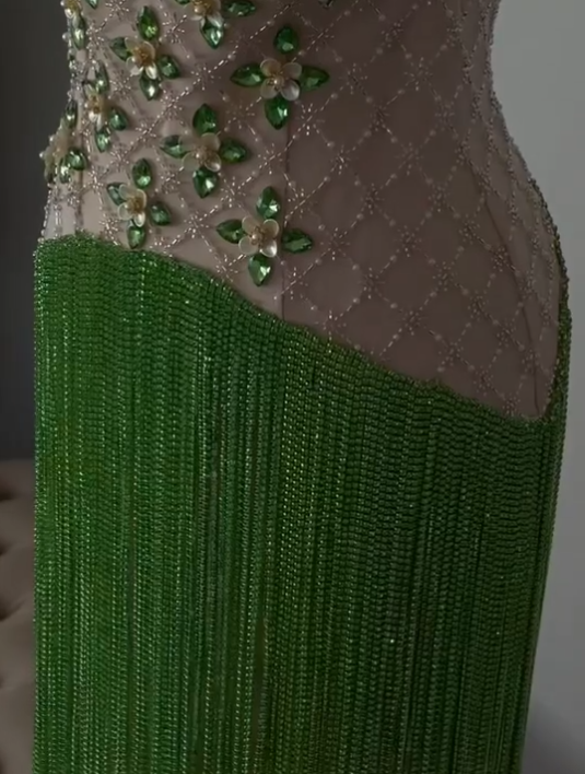 Luxury Strapless Satin Beaded Tassel Green Long Prom Gown Formal Evening Dress