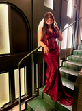 Classy Burgundy Lace Satin Pleated Mermaid Long Wedding Guest Dress Formal Party Dress Evening Gown