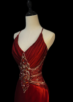 Pretty Spaghetti Straps V Neck Red Satin Beaded Mermaid Party Dress Formal Evening Gown