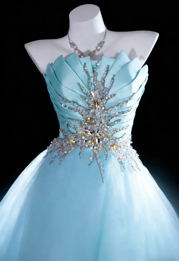 Pretty Strapless Ball Gown Blue Satin Pleated Tulle Beaded Long Evening Dress Birthday Dress SP1839