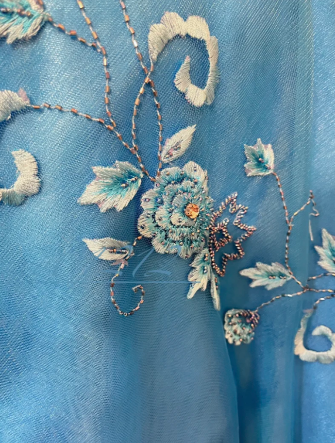 Vintage V Neck Embroidery Satin Beaded Mermaid Party Dress Blue Long Prom Dresses SP1780