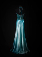 Classy Halter Blue Satin Beaded Mermaid Slit Long Prom Dress Evening Gown SP1693