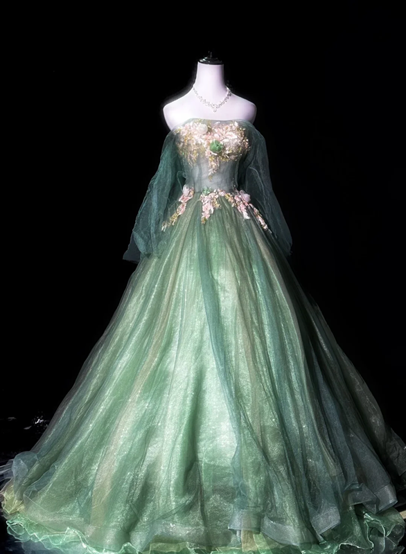 Green off-the-shoulder fitted waist slim-fitting ball gown with a full skirt R8673