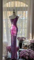 Purple one-shoulder sexy fitted waist bodycon long ball gown R7721