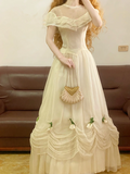 Light Apricot Round-Neck Waist-Cinched Fitted Elegant Hem Ball Gown, Bridal Gown R7319