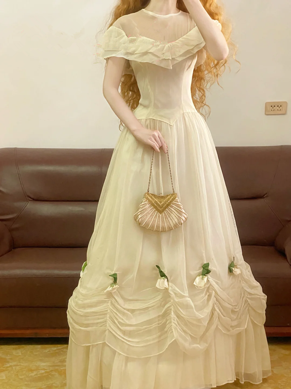 Light Apricot Round-Neck Waist-Cinched Fitted Elegant Hem Ball Gown, Bridal Gown R7319