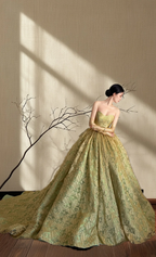 Yellow-green strapless corset waist A-line long formal ball gown, bridal gown R8018
