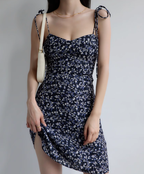 French retro slim fit navy blue floral dress waist suspender dress short skirt R2816