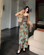 French style retro green printed dress with slim waist and suspenders long dress with lace cardigan R1695