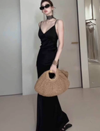 Large French pure V-neck backless black suspender skirt high-grade satin long skirt R1863