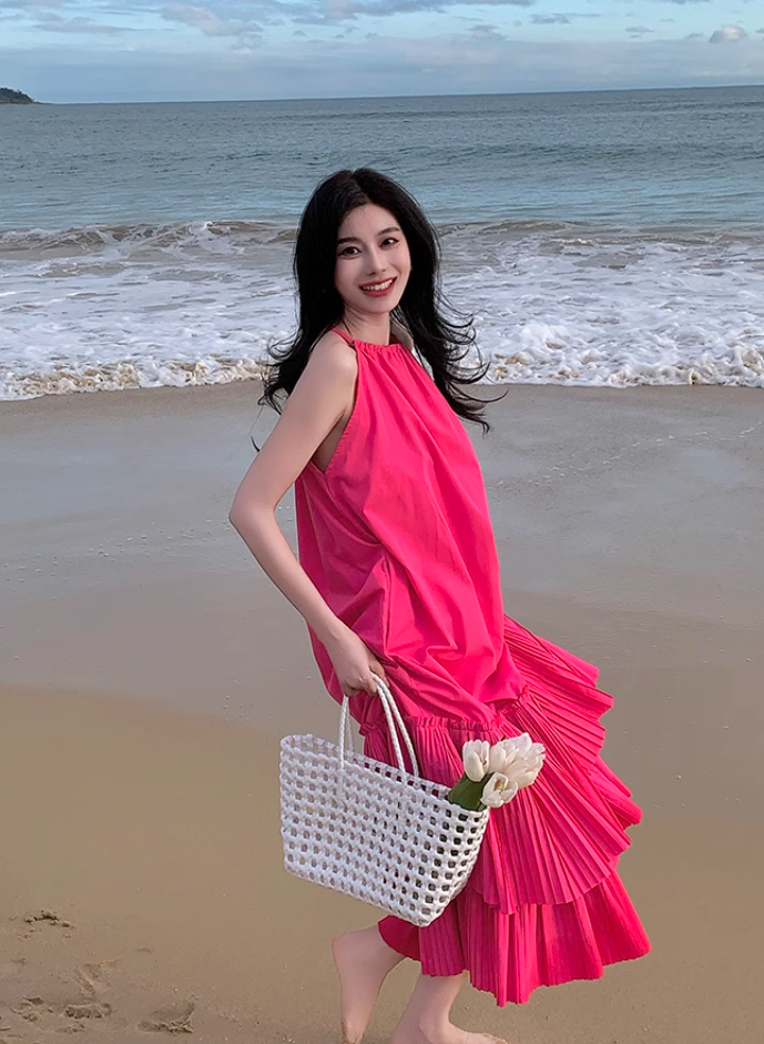 Seaside holiday style rose red white sleeveless dress high-grade layered pleated skirt R1582