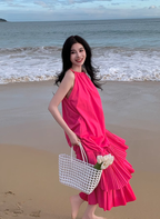 Seaside holiday style rose red white sleeveless dress high-grade layered pleated skirt R1582