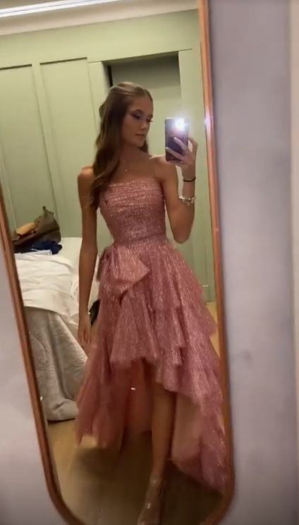 Chic Pink High Low Strapless Long Prom Dress  Sequin Layered Party Gown Evening Dress cc1499