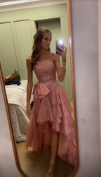 Chic Pink High Low Strapless Long Prom Dress  Sequin Layered Party Gown Evening Dress cc1499