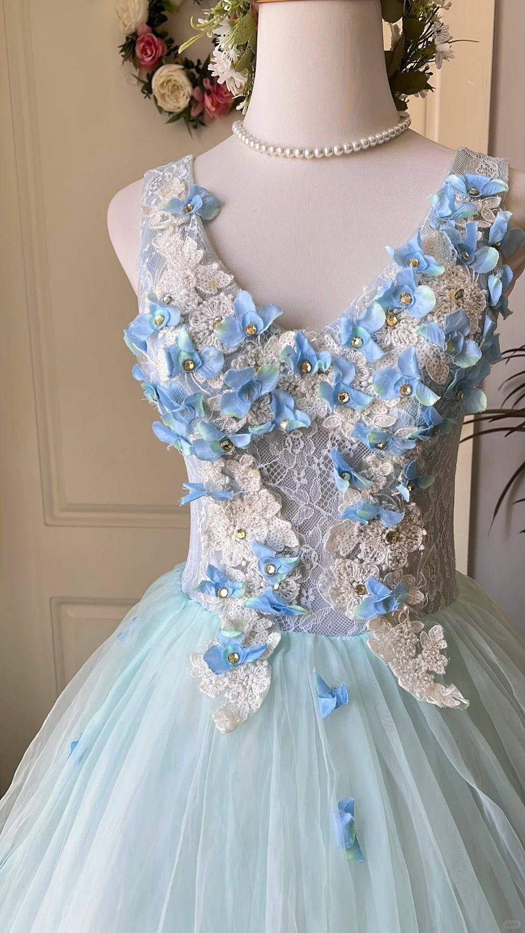 Dreamy Flower Fairy Light Blue 3D Floral V-Neck Tulle Ball Gown Evening Dress cc5344