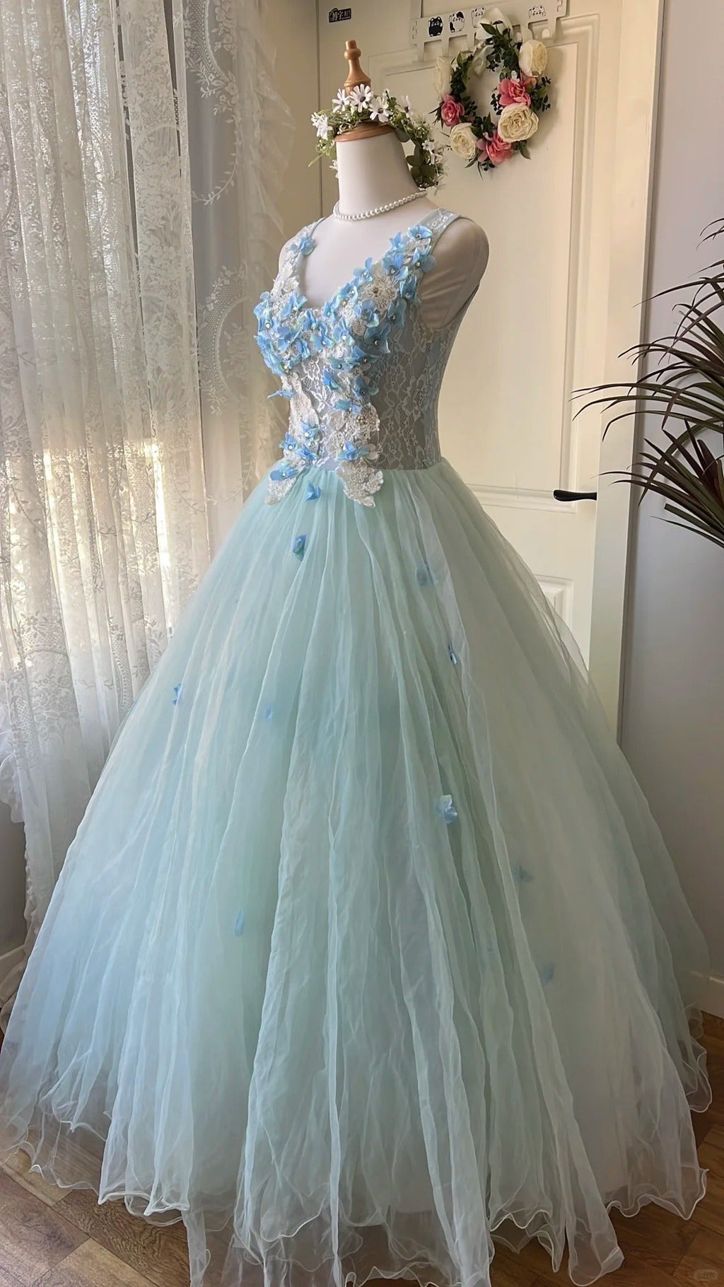 Dreamy Flower Fairy Light Blue 3D Floral V-Neck Tulle Ball Gown Evening Dress cc5344