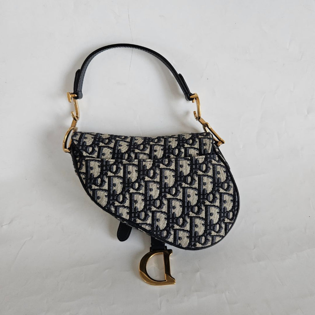 Dior Navy Blue Oblique Canvas and Leather Mini Saddle Bag