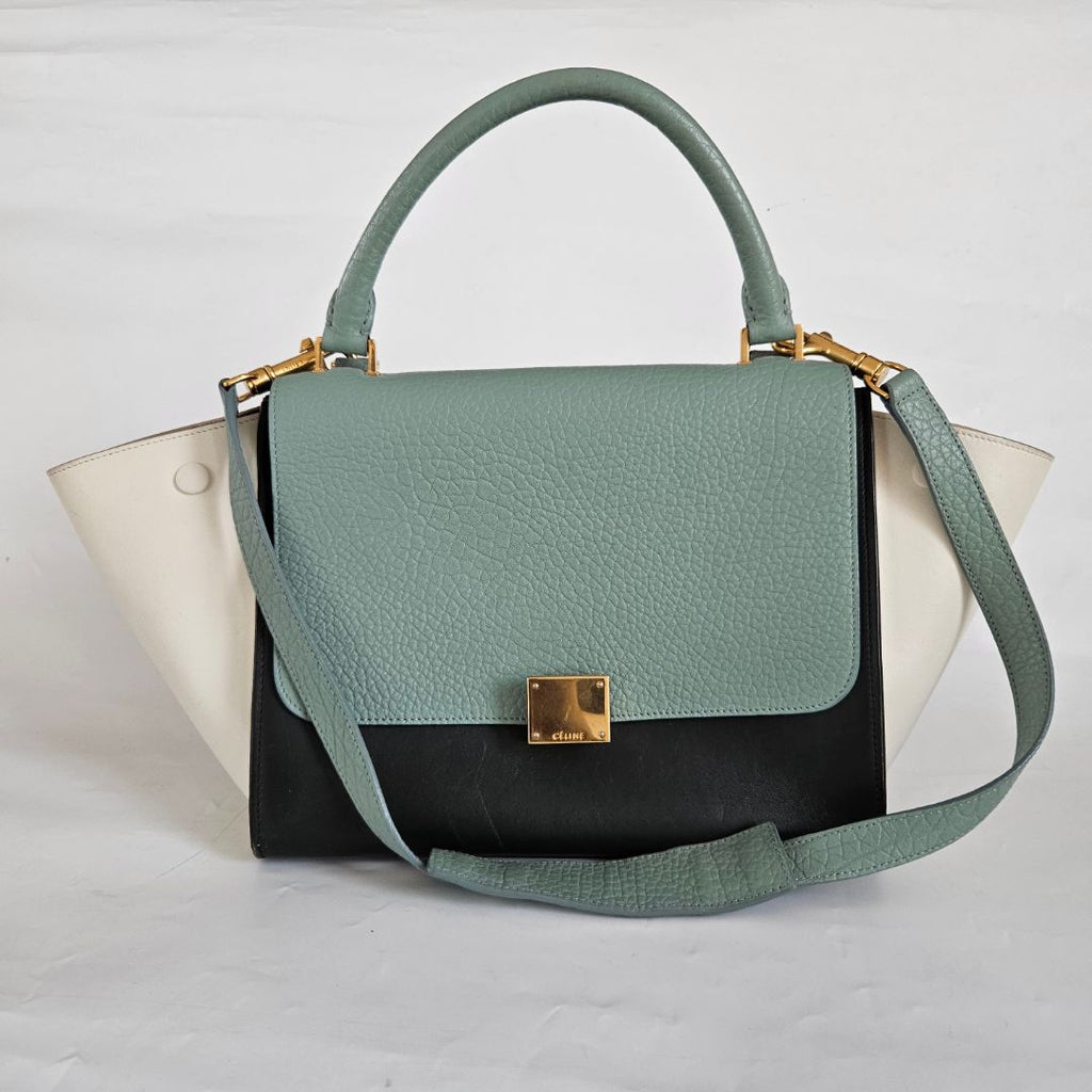 Celine Navy Blue/Green Leather and Suede Medium Trapeze Top Handle Bag
