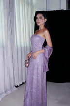 Glitter Purple Strapless Sequin Beaded Long Birthday Evening Dress Prom Gowns With Ribbon SP1898