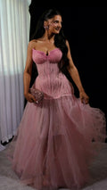 Glamorous Pink Strapless Tulle Beaded Mermaid Evening Dress Long Birthday Party Dress SP1911