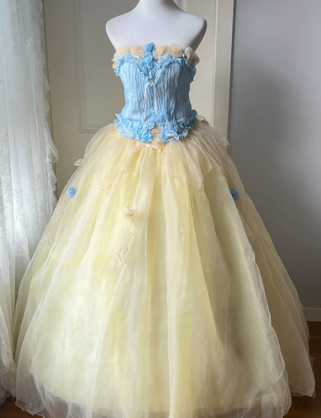 Dreamy Blue and Yellow Color-blocked Strapless Tulle Ball Gown Evening Dress Sweet 16 Dress cc5346