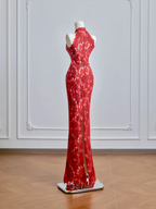 Red Chinese-style cheongsam with classic floral print, fitted waist and hip-hugging bodycon dress, ball gown, bridal gown R8209