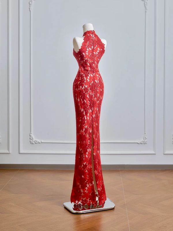 Red Chinese-style cheongsam with classic floral print, fitted waist and hip-hugging bodycon dress, ball gown, bridal gown R8209