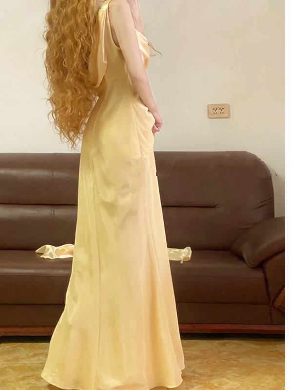 Apricot Spaghetti-Strap Waist-Cinched Floor-Length Ball Gown, Bridal Gown R7350