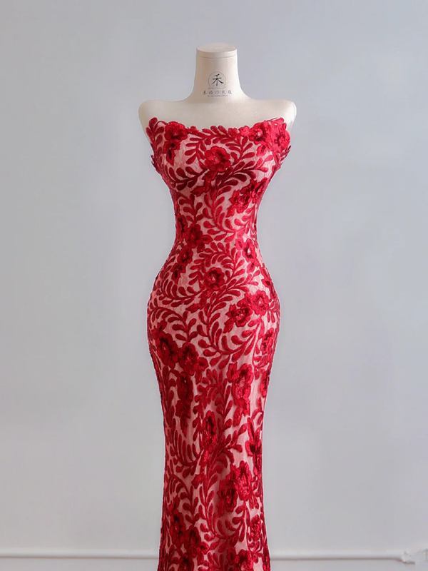 Red classic floral print strapless fitted waist slim hips sexy long ball gown R8179