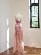 Light pink sequined halter-neck long ball gown R8440