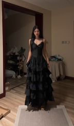Black halter-neck fitted tiered skirt ball gown R8068