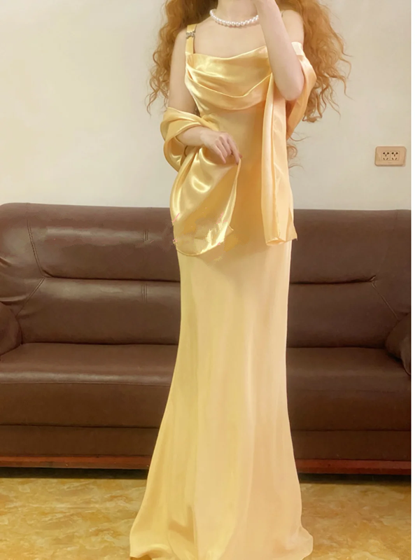 Apricot Spaghetti-Strap Waist-Cinched Floor-Length Ball Gown, Bridal Gown R7350