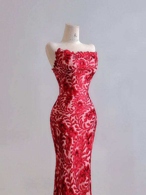 Red classic floral print strapless fitted waist slim hips sexy long ball gown R8179