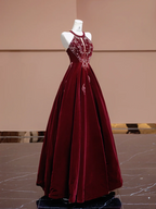 Red halter-neck, fitted waist, full skirt, long ball gown, bridal dress R8352