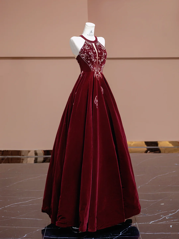 Red halter-neck, fitted waist, full skirt, long ball gown, bridal dress R8352
