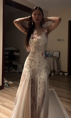 White dress with pink floral print, halter neck, fitted waist, bodycon fishtail skirt, ball gown R8094