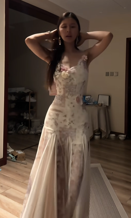 White dress with pink floral print, halter neck, fitted waist, bodycon fishtail skirt, ball gown R8094