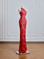 Red Chinese-style cheongsam with classic floral print, fitted waist and hip-hugging bodycon dress, ball gown, bridal gown R8209