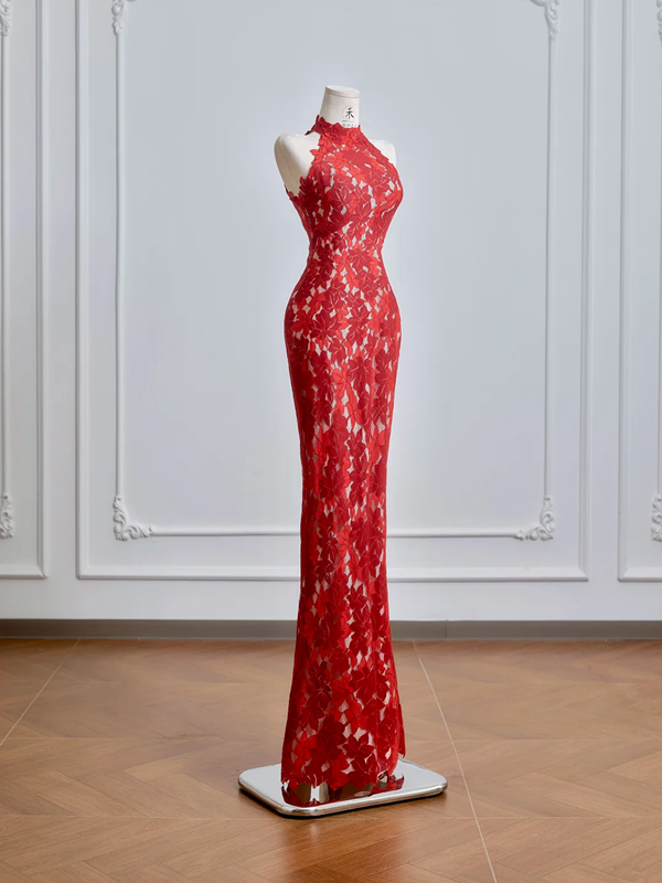 Red Chinese-style cheongsam with classic floral print, fitted waist and hip-hugging bodycon dress, ball gown, bridal gown R8209