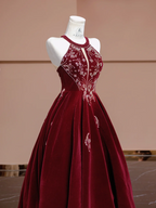Red halter-neck, fitted waist, full skirt, long ball gown, bridal dress R8352