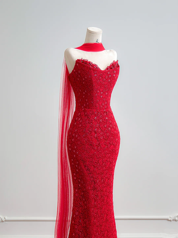 Red strapless lace fitted waist slim hip-hugging long sexy ball gown R8158