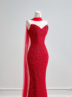 Red strapless lace fitted waist slim hip-hugging long sexy ball gown R8158