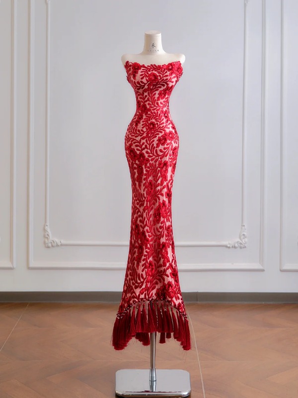Red classic floral print strapless fitted waist slim hips sexy long ball gown R8179